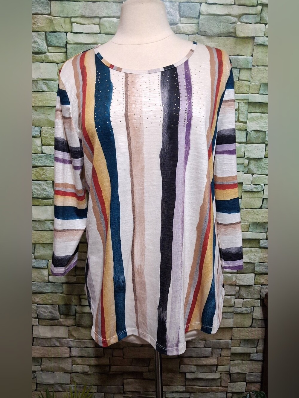 Womens Striped Multicolor 3/4 Sleeve Tunic Top Sequined